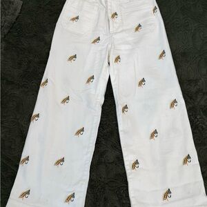 White women’s pants with Embroidered fly fishing Design